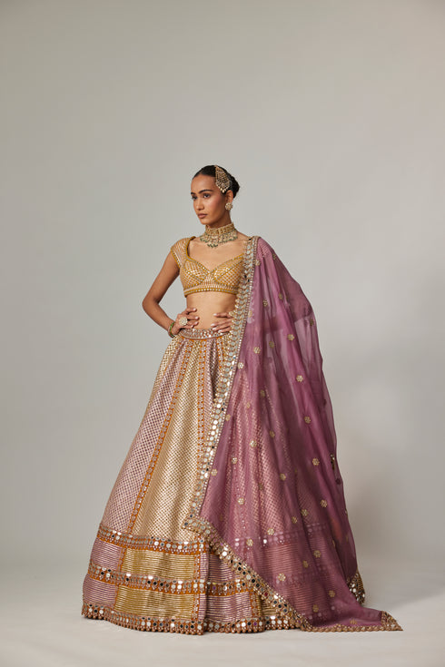 Mustard Multicolor Heavy Metallic Lehenga With Mud Mauve Dupatta